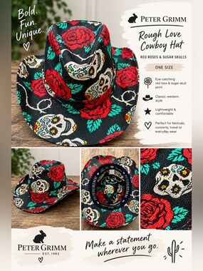 Peter Grimm Rough Love Cowboy Hat with Red Rose & Sugar Skull Print One Size